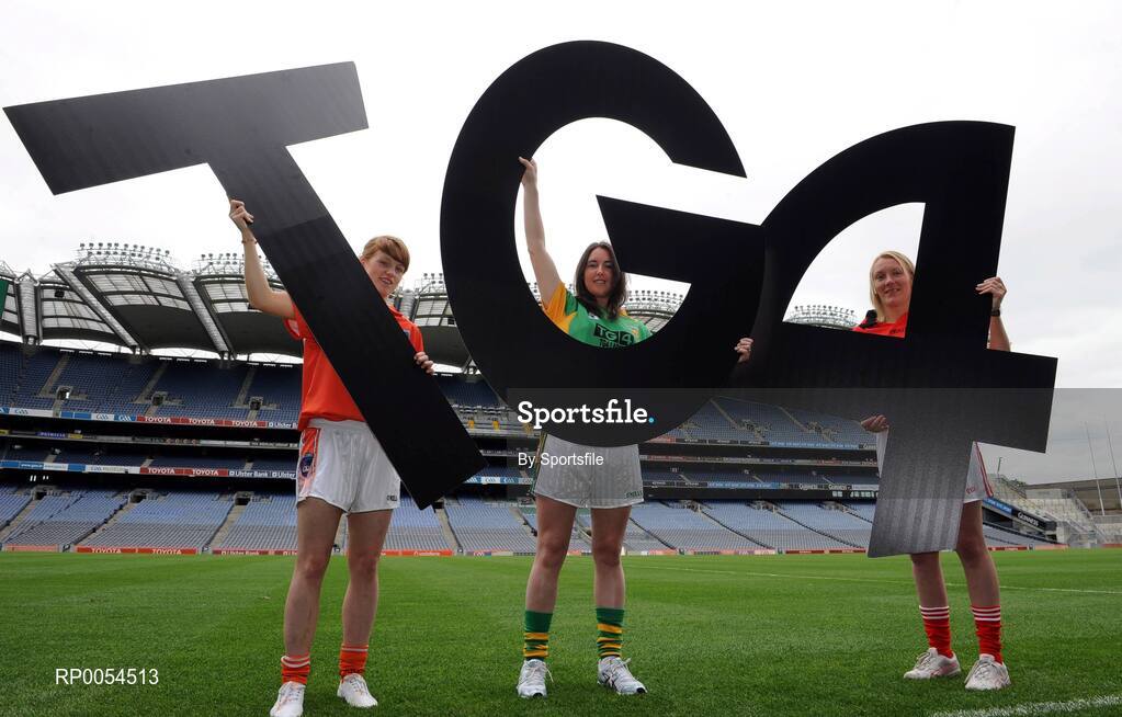 30 June 2008; Maeve Moriarity, left, Armagh, Marie Devenny, Donegal, centre, and Michaela Downey, Down, at the TG4 All-Ireland Ladies Football Championship Launch. Croke Park, Dublin. Photo by Sportsfile