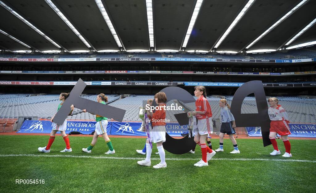 30 June 2008; Children representing various counties carry out TG4 branding on to the field at the TG4 All-Ireland Ladies Football Championship Launch. Croke Park, Dublin. Photo by Sportsfile