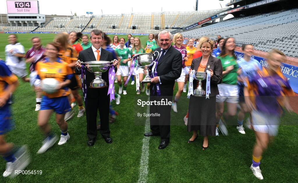 30 June 2008; Pól O'Gallchóir, left, Ceannasai, TG4, Bertie Ahern, T.D. and Geraldine Giles, Uachtaran Cumann Peil Gael na mBan, at the TG4 All-Ireland Ladies Football Championship Launch. Croke Park, Dublin. Photo by Sportsfile