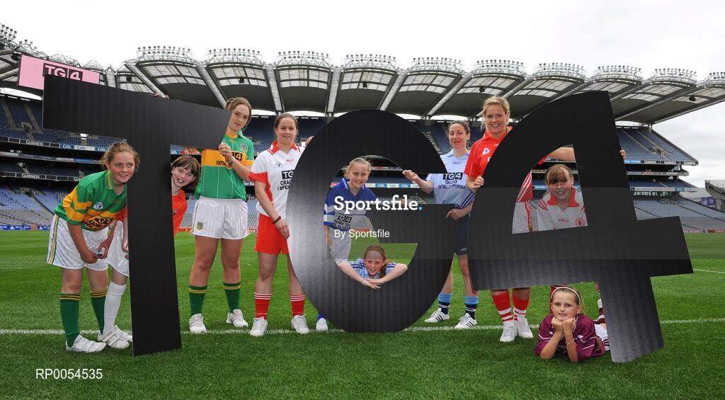 30 June 2008; At the TG4 All-Ireland Ladies Football Championship Launch were from left, Lesley Carroll, representing Kerry, Niamh Downes, representing Armagh, Irene Munnelly, Meath, Gemma Begley, Tyrone, Ellen Darcy, representing Laois, Aoife Dillon, representing Dublin, Denise Masterson, Dublin, Louise Whelan, representing Tyrone and Chloe Byrne, representing Galway, Croke Park, Dublin. Photo by Sportsfile