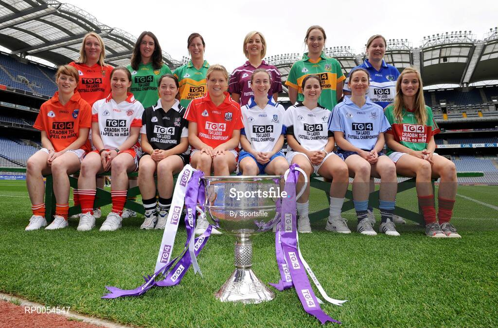 30 June 2008; At the TG4 All-Ireland Ladies Football Championship Launch were back row, from left, Michaela Downey, Down, Marie Devenny, Donegal, Grainne Ni Fhlathachta, Kerry, Maria Hoey, Galway, Irene Munnelly, Meath and Bernie Deegan, Laois. Front row, from left, Maeve Moriarity, Armagh, Gemma Begley, Tyrone, Martina Keane, Sligo, Angela Walsh, Cork, Niamh Kindlon, Monaghan, Simone Gilabert, Kildare, Denise Masterson, Dublin and Claire O'Hara, Mayo. Croke Park, Dublin. Photo by Sportsfile