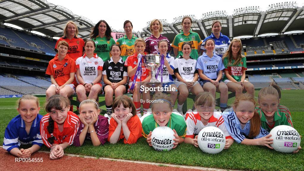 30 June 2008; At the TG4 All-Ireland Ladies Football Championship Launch were back row, from left, Michaela Downey, Down, Marie Devenny, Donegal, Grainne Ni Fhlathachta, Kerry, Maria Hoey, Galway, Irene Munnelly, Meath and Bernie Deegan, Laois. Middle row, from left, Maeve Moriarity, Armagh, Gemma Begley, Tyrone, Martina Keane, Sligo, Angela Walsh, Cork, Niamh Kindlon, Monaghan, Simone Gilabert, Kildare, Denise Masterson, Dublin and Claire O'Hara, Mayo. Front row, from left, Ellen Darcy, representing Laois, Amy O'Driscoll, representing Cork, Chloe Byrne, representing Galway, Niamh Downes, representing Armagh, Lesley Carroll, representing Kerry, Louise Whelan, representing Tyrone, Aoife Dillon, representing Dublin and Jessica Lynch, representing Mayo. Croke Park, Dublin. Photo by Sportsfile