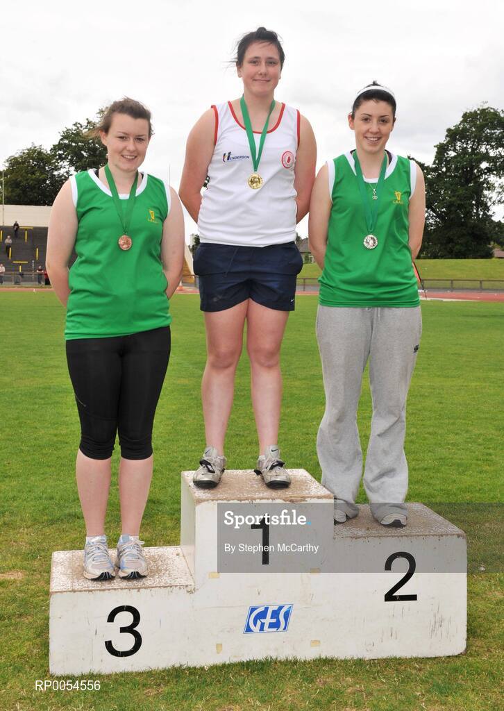 28 June 2008; Winner of the Girls' Hammer Gabby McNally, Craigavon, Armagh, with second place Charlotte O'Farrell, Rosbercon, Wexford, and third place Teresa Conlon, Presentation Secondary School Kilkenny, at the KitKat Tailteann inter provincial track & field final. Morton Stadium, Santry, Dublin. Picture credit: Stephen McCarthy / SPORTSFILE