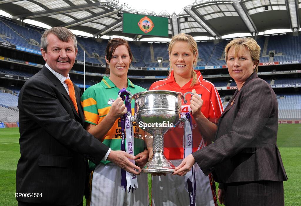 30 June 2008; Kerry's Grainne Ni Fhlathachta and Cork's Angela Walsh with Pol O'Gallchoir, Ceannasai, TG4 and Geraldine Giles, Uachtaran Cumann Peil Gael na mBan at the TG4 All-Ireland Ladies Football Championship Launch. Croke Park, Dublin. Photo by Sportsfile