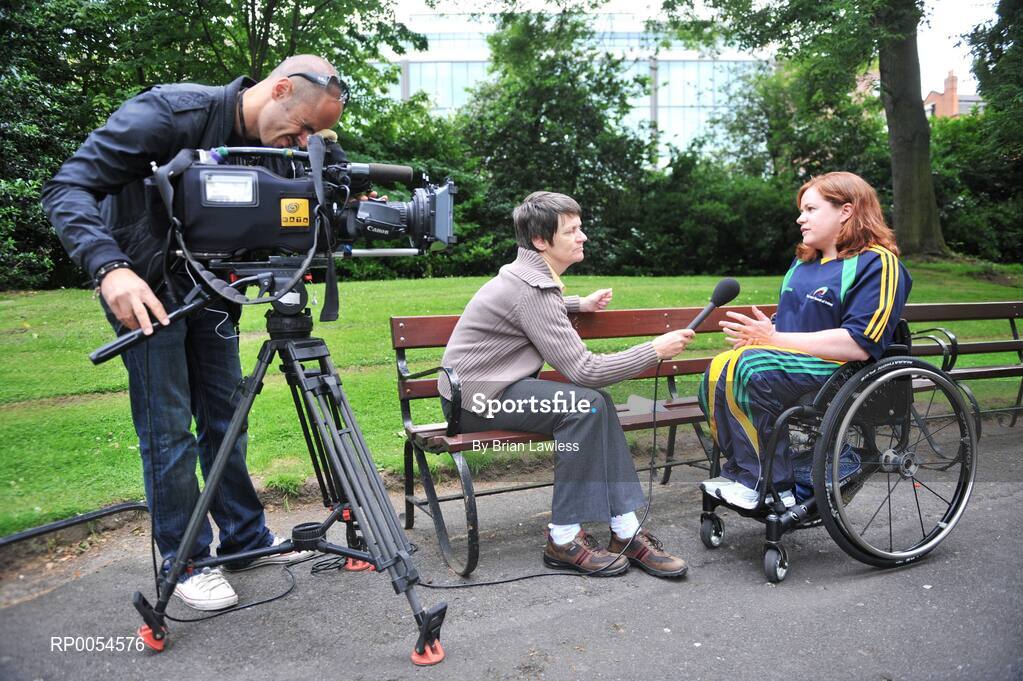 2 July 2008; The Irish team for the 2008 Paralympic Games in Beijing was officially announced at an event today. Forty five elite athletes across nine sports will represent Ireland at the Beijing Games which get underway on September 6th and run for twelve days. The Paralympic Games are elite Olympic style sports events for elite athletes with physical disabilities, or visual impairment, emphasising athletic achievement rather than disability. Patrice Dockery,  100m, 200m, & 400m, from Dublin, is interviewed for TV, after the announcement. Conrad Hotel, Dublin. Picture credit: Brian Lawless / SPORTSFILE