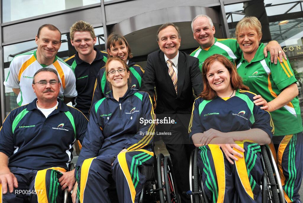 2 July 2008; The Irish team for the 2008 Paralympic Games in Beijing was officially announced at an event today. Forty five elite athletes across nine sports will represent Ireland at the Beijing Games which get underway on September 6th and run for twelve days. The Paralympic Games are elite Olympic style sports events for elite athletes with physical disabilities, or visual impairment, emphasising athletic achievement rather than disability. At the announcement is Minister for Arts, Sport and Tourism Mr. Martin Cullen T.D. with some of the athletes, front row from left, Richard Whealey, Sailing, Eimear Breathnach, Table Tennis, and Patrice Dockery, 100m, 200m, & 400m, back row from left, Cathal Miller, Cycling, Jonathan Cummings, Swimming, Lisa Callaghan, Javelin, Sean Heary, Archery, and Eilish Byrne, Equestrian. Conrad Hotel, Dublin. Picture credit: Brian Lawless / SPORTSFILE
