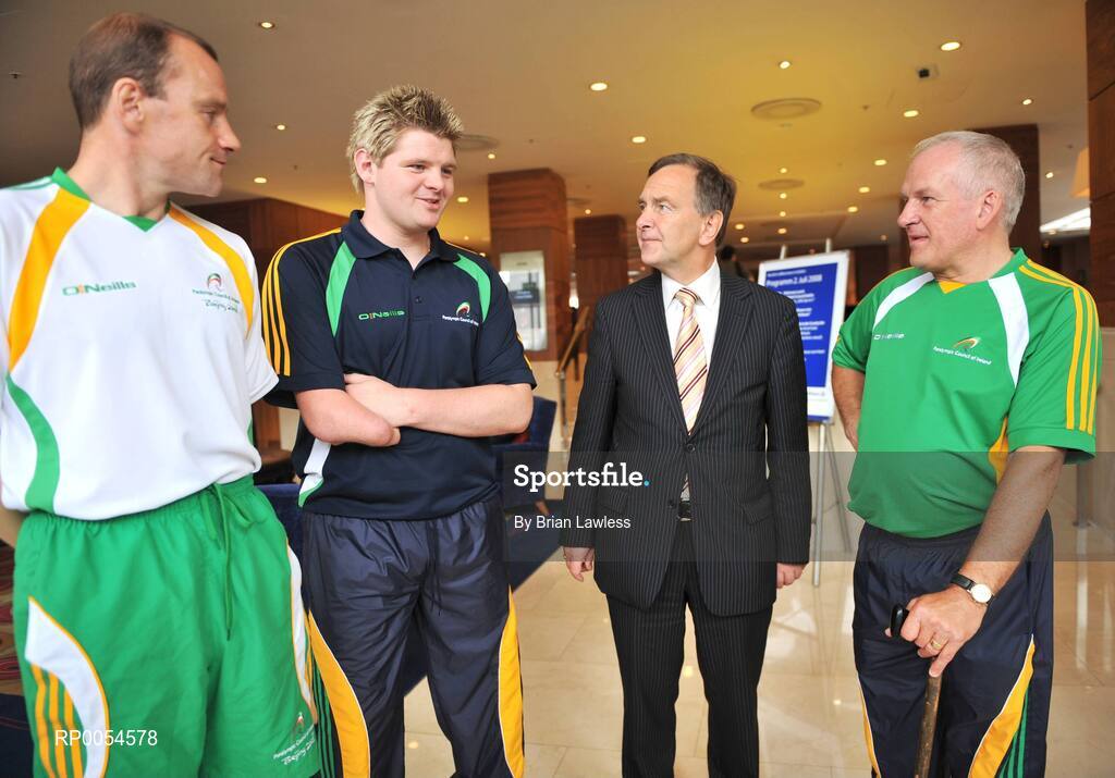 2 July 2008; The Irish team for the 2008 Paralympic Games in Beijing was officially announced at an event today. Forty five elite athletes across nine sports will represent Ireland at the Beijing Games which get underway on September 6th and run for twelve days. The Paralympic Games are elite Olympic style sports events for elite athletes with physical disabilities, or visual impairment, emphasising athletic achievement rather than disability. At the announcement is Minister for Arts, Sport and Tourism Mr. Martin Cullen T.D. with, Cathal Miller, Cycling, left, Jonathan Cummings, Swimming, and Sean Heary, Archery, right. Conrad Hotel, Dublin. Picture credit: Brian Lawless / SPORTSFILE