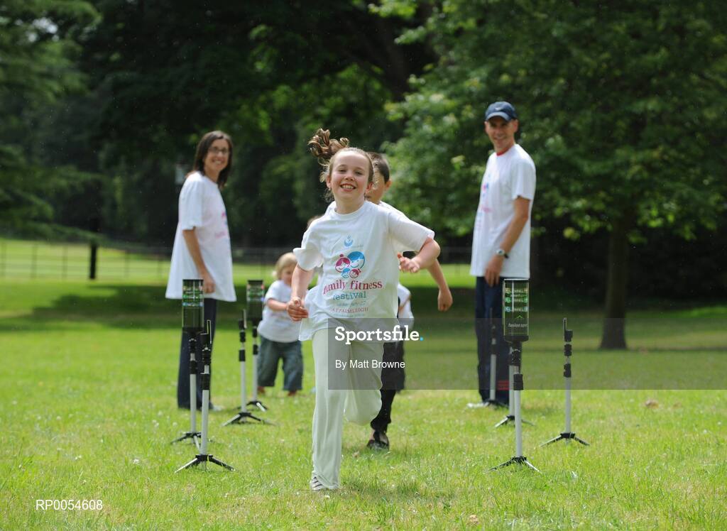 2 July 2008; Lia Brady, 9, during a speed test at the Launch of Athletics Ireland Family Fitness Festival with her mother Annette Kealy and dad Eoin Brady. Farmleigh, Phoenix Park, Dublin. For more information visit www.familyfitnessfestival.ie. Picture credit: Matt Browne / SPORTSFILE