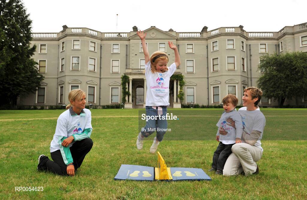 2 July 2008; Deirbhile McKiernan, Age 6, on a jump mat watched by her mother Catherina brother Patrick, Age 2, and Irish 3000m runner Roisin McGettigan at the Launch of Athletics Ireland Family Fitness Festival. Farmleigh, Phoenix Park, Dublin. For more information visit www.familyfitnessfestival.ie. Picture credit: Matt Browne / SPORTSFILE