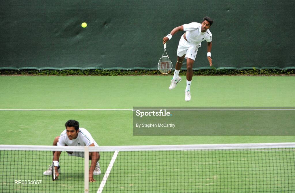 4 July 2008; Aisam-Ul-Haq Qureshi, right, and Prakash Amritraj in action against Jonathan Marray and Frederik Nielsen. Shelbourne Irish Open Mens Tennis Championships 2008, Doubles Final, Prakash Amritraj / Aisam-Ul-Haq Qureshi v Jonathan Marray / Frederik Nielsen, Fitzwilliam Lawn Tennis Club, Appian Way, Dublin. Picture credit: Stephen McCarthy / SPORTSFILE