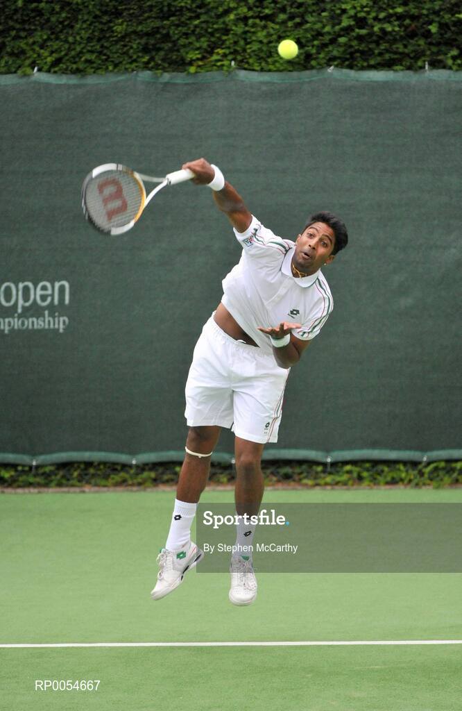 4 July 2008; Prakash Amritraj in action against Jonathan Marray and Frederik Nielsen. Shelbourne Irish Open Mens Tennis Championships 2008, Doubles Final, Prakash Amritraj / Aisam-Ul-Haq Qureshi v Jonathan Marray / Frederik Nielsen, Fitzwilliam Lawn Tennis Club, Appian Way, Dublin. Picture credit: Stephen McCarthy / SPORTSFILE