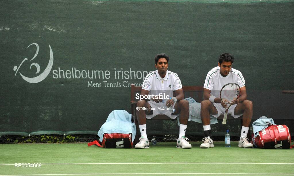 4 July 2008; Prakash Amritraj, right, and Aisam-Ul-Haq Qureshi during an interval in their match against Jonathan Marray and Frederik Nielsen. Shelbourne Irish Open Mens Tennis Championships 2008, Doubles Final, Prakash Amritraj / Aisam-Ul-Haq Qureshi v Jonathan Marray / Frederik Nielsen, Fitzwilliam Lawn Tennis Club, Appian Way, Dublin. Picture credit: Stephen McCarthy / SPORTSFILE