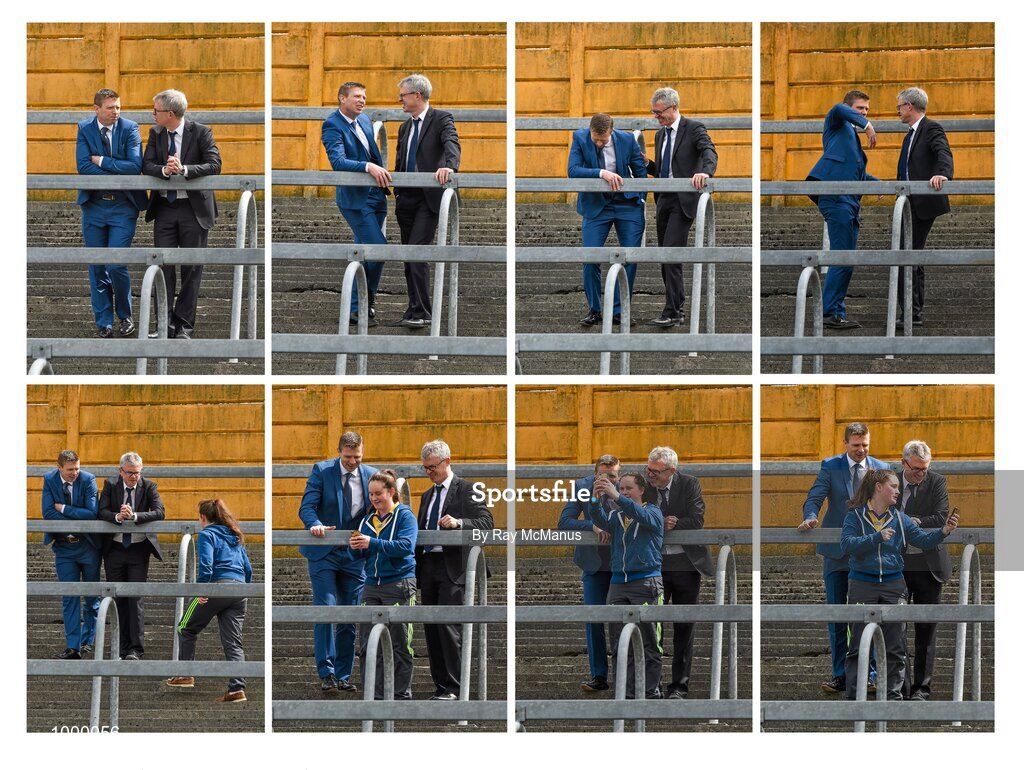 24 May 2015; A composite image of former Derry footballer and RTÉ GAA pundit Joe Brolly, right, in conversation with former Kerry footballer and fellow pundit Tomás Ó Sé ahead of the game, as they are ultimately joined for a selfie by Emily Maloney, from Clooney, Co. Clare. Munster GAA Hurling Senior Championship Quarter-Final, Clare v Limerick. Semple Stadium, Thurles, Co. Tipperary. Picture credit: Ray McManus / SPORTSFILE