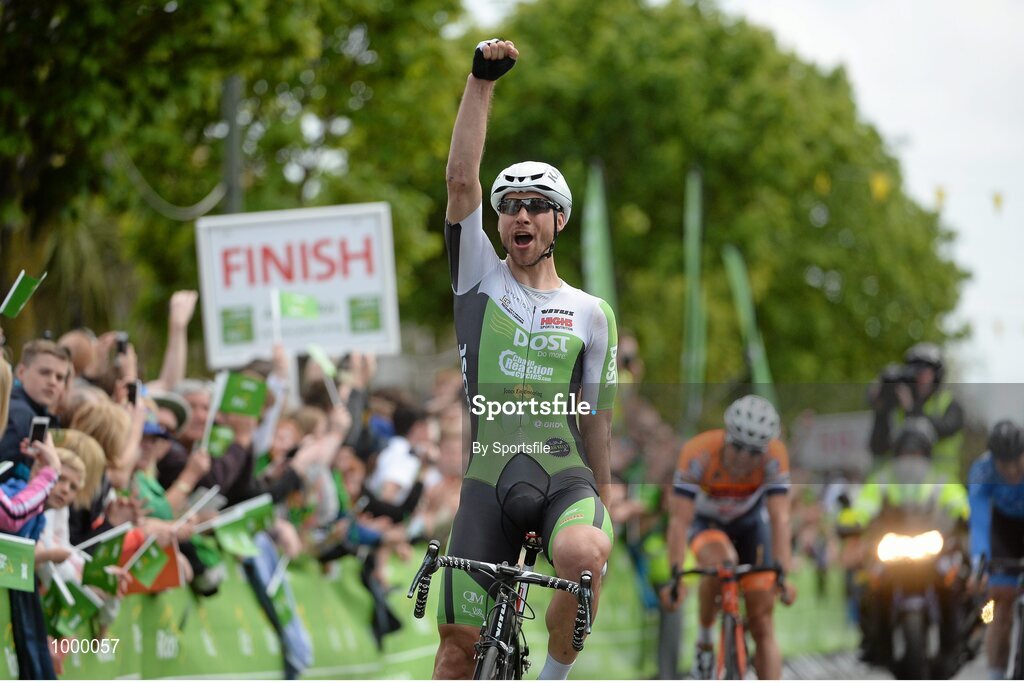 24 May 2015; Aidis Kruopis, An Post Chain Reaction, celebrates crossing the line to win Stage 8 of the 2015 An Post Rás. Drogheda - Skerries. Photo by Sportsfile