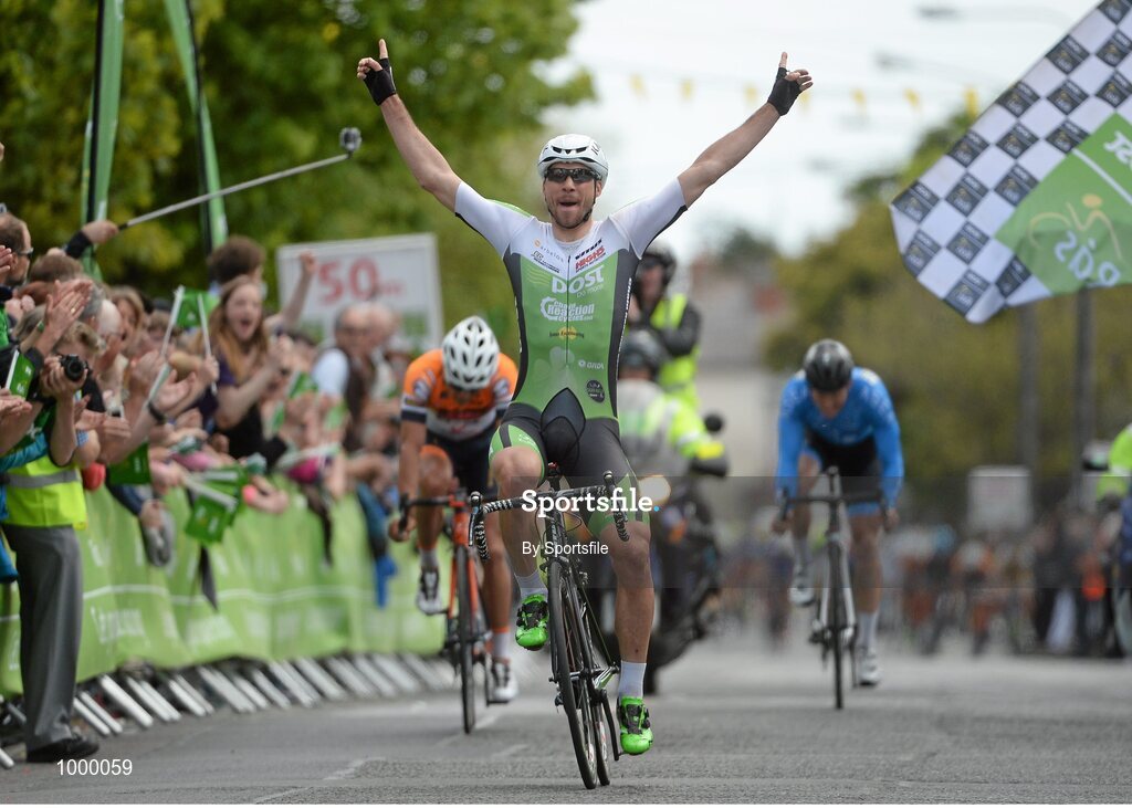 24 May 2015; Aidis Kruopis, An Post Chain Reaction, celebrates crossing the line to win Stage 8 of the 2015 An Post Rás. Drogheda - Skerries. Photo by Sportsfile