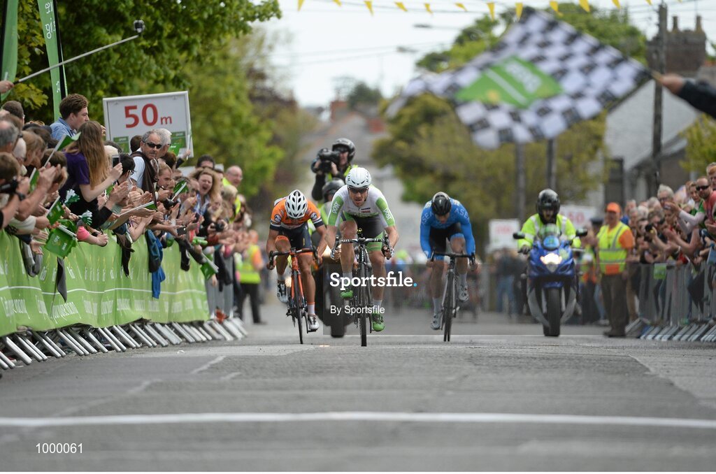 24 May 2015; Aidis Kruopis, An Post Chain Reaction, centre, sprints to the line to win Stage 8 of the 2015 An Post Rás. Drogheda - Skerries. Photo by Sportsfile