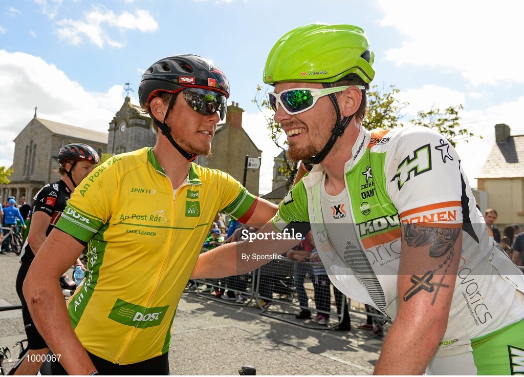 24 May 2015; Lukas Postlberger, left, Tirol Cycling Team, with stage winner Aidis Kruopis, An Post Chain Reaction, after he retained the yellow jersey following Stage 8 of the 2015 An Post Rás. Drogheda - Skerries. Photo by Sportsfile