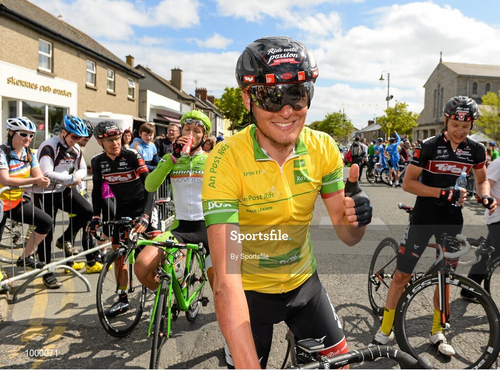 24 May 2015; Lukas Postlberger, Tirol Cycling Team, celebrates after he retained the yellow jersey following Stage 8 of the 2015 An Post Rás. Drogheda - Skerries. Photo by Sportsfile