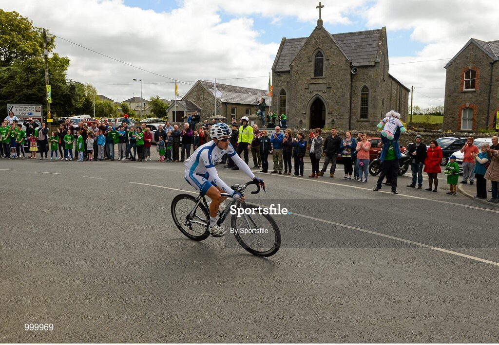 24 May 2015; Daragh Campbell, USA Team Novo Nordisk Dev., leads the peloton through his home town of Donore, Co. Meath, during Stage 8 of the 2015 An Post Rás. Drogheda - Skerries. Photo by Sportsfile