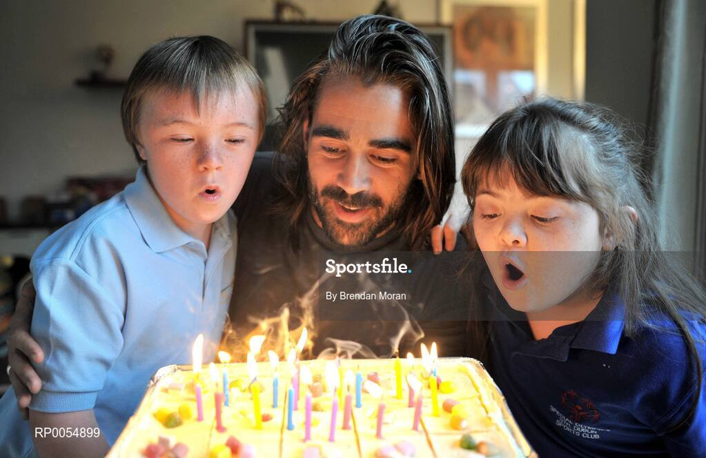 9 July 2008; Celebrating the 30th anniversary of Special Olympics Ireland with actor Colin Farrell are Special Olympics athletes Josh Hennessy, left, age 10, from the Coombe, Dublin and Katie McHugh, age 8, from Inchicore, Dublin. The organization, which provides the sports training and competition programme for people with an intellectual disability, was established on this week in 1978. Picture credit: Brendan Moran / SPORTSFILE