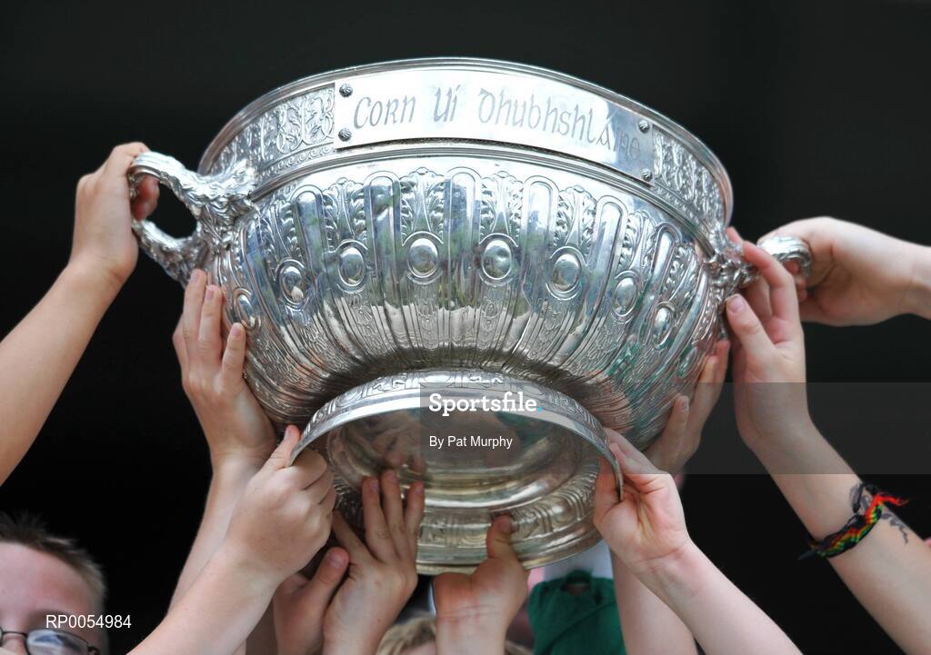 10 July 2008; The Leinster Football GAA Championship trophy is held aloft during the Leinster - Play and Stay with GAA Go Games activity day which saw over 700 children under the age of 8 take part in games in both hurling and football on six pitches at Croke Park, Dublin. Picture credit: Pat Murphy / SPORTSFILE