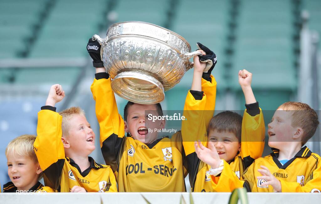 10 July 2008; Seven-year-old David O'Brien from St. Mark's GAA club in Tallaght, Dublin, along with some of his team-mates, lifts the Leinster Football GAA championship trophy during the Leinster - Play and Stay with GAA Go Games activity day which saw over 700 children under the age of 8 take part in games in both hurling and football on six pitches at Croke Park, Dublin. Picture credit: Pat Murphy / SPORTSFILE