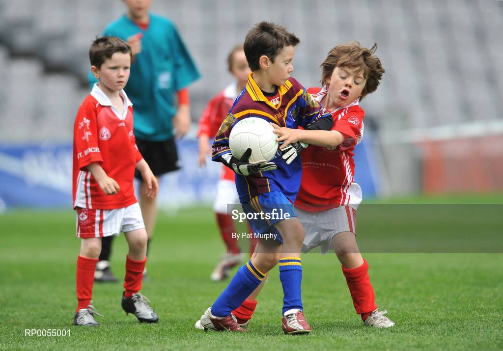 10 July 2008; Adam Hanvey, Scoil Ui Conail, Dublin, in action against Aodhan Houritan, St. Brigids, Blanchardstown, Dublin, in the Leinster - Play and Stay with GAA Go Games activity day which saw over 700 children under the age of 8 take part in games in both hurling and football on six pitches at Croke Park, Dublin. Picture credit: Pat Murphy / SPORTSFILE