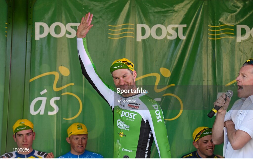 24 May 2015; Stage winner Aidis Kruopis, An Post Chain Reaction, celebrates on stage following Stage 8 of the 2015 An Post Rás. Drogheda - Skerries. Photo by Sportsfile