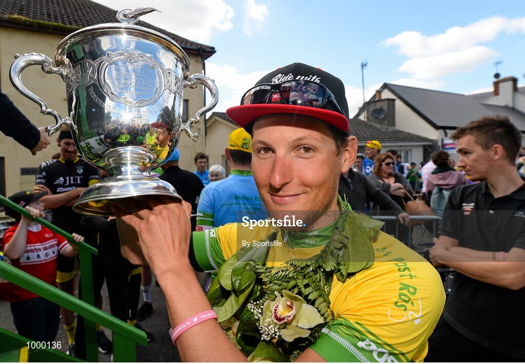 24 May 2015; Lukas Postlberger, Tirol Cycling Team, celebrates with the George Plant trophy following Stage 8 of the 2015 An Post Rás. Drogheda - Skerries. Photo by Sportsfile