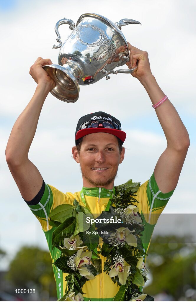 24 May 2015; Lukas Postlberger, Tirol Cycling Team, celebrates with the George Plant trophy following Stage 8 of the 2015 An Post Rás. Drogheda - Skerries. Photo by Sportsfile