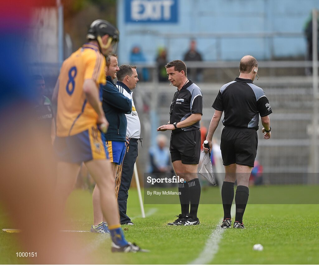 24 May 2015; Referee Colm Lyons speaks to Clare manager Davy fitzgerald during the first half. Munster GAA Hurling Senior Championship Quarter-Final, Clare v Limerick. Semple Stadium, Thurles, Co. Tipperary. Picture credit: Ray McManus / SPORTSFILE