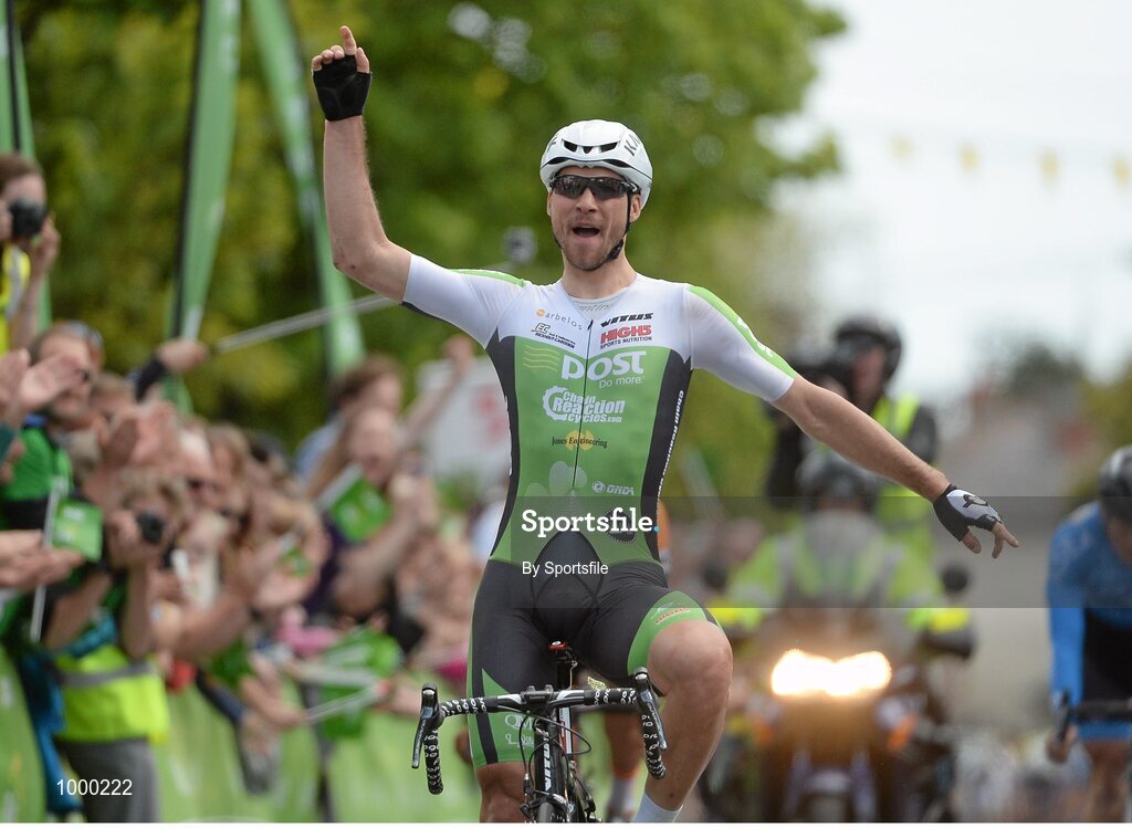 24 May 2015; Aidis Kruopis, An Post Chain Reaction, celebrates crossing the line to win Stage 8 of the 2015 An Post Rás. Drogheda - Skerries. Photo by Sportsfile