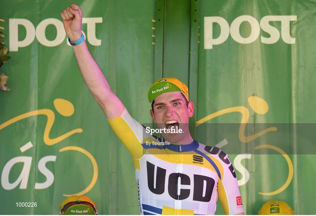 24 May 2015; Ian Richardson, UCD, celebrates winning the One Direct County Jersey, awarded to the best rider overall from an Irish county team, following Stage 8 of the 2015 An Post Rás. Drogheda - Skerries. Photo by Sportsfile