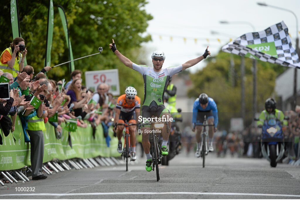 24 May 2015; Aidis Kruopis, An Post Chain Reaction, celebrates as he crosses the line to win Stage 8 of the 2015 An Post Rás. Drogheda - Skerries. Photo by Sportsfile