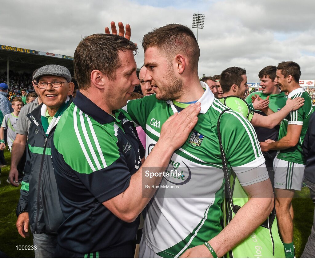 24 May 2015; The Limerick goalkeeper Barry Hennessy celebrates with strength and conditioning coach Mick Lyons after the game. Munster GAA Hurling Senior Championship Quarter-Final, Clare v Limerick. Semple Stadium, Thurles, Co. Tipperary. Picture credit: Ray McManus / SPORTSFILE