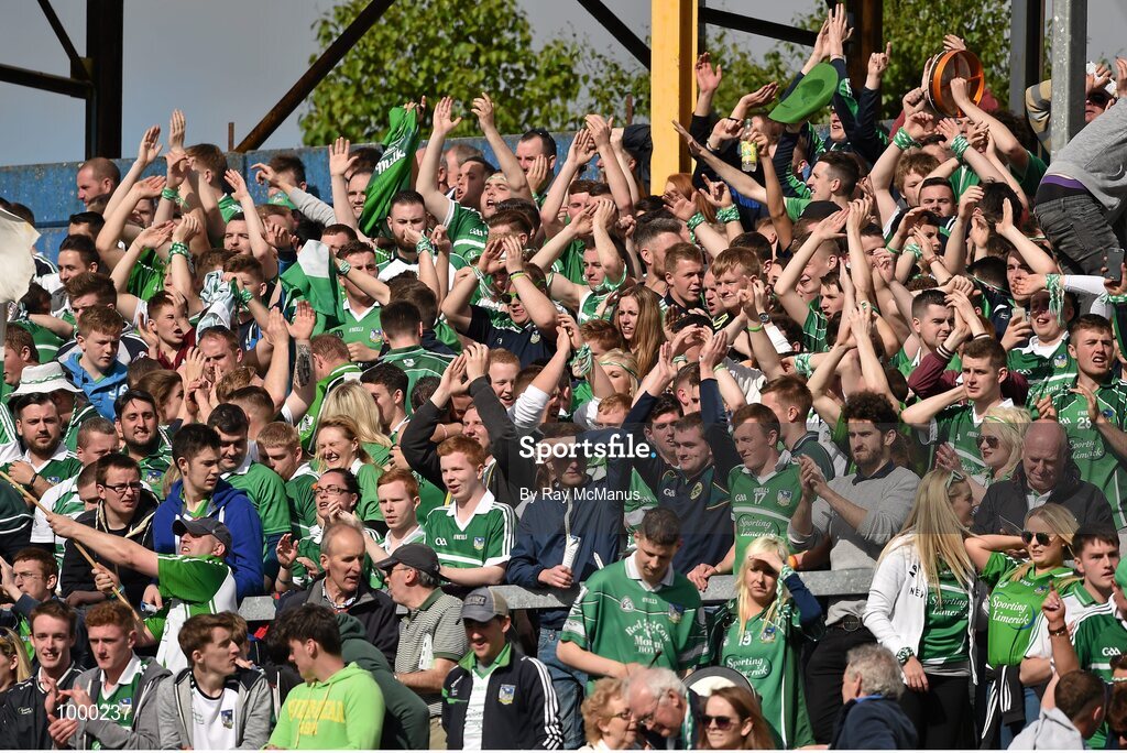 24 May 2015; Limerick supporters on the 'Town End' terrace celebrate after the game. Munster GAA Hurling Senior Championship Quarter-Final, Clare v Limerick. Semple Stadium, Thurles, Co. Tipperary. Picture credit: Ray McManus / SPORTSFILE