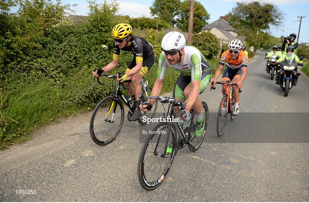 24 May 2015; Eventual stage winner Aidis Kruopis, An Post Chain Reaction, leading during Stage 8 of the 2015 An Post Rás, followed by Luke Grivell-Mellor, JLT Condor, and Davide Vigano, Team IDEA 2010 ASD. Drogheda - Skerries. Photo by Sportsfile