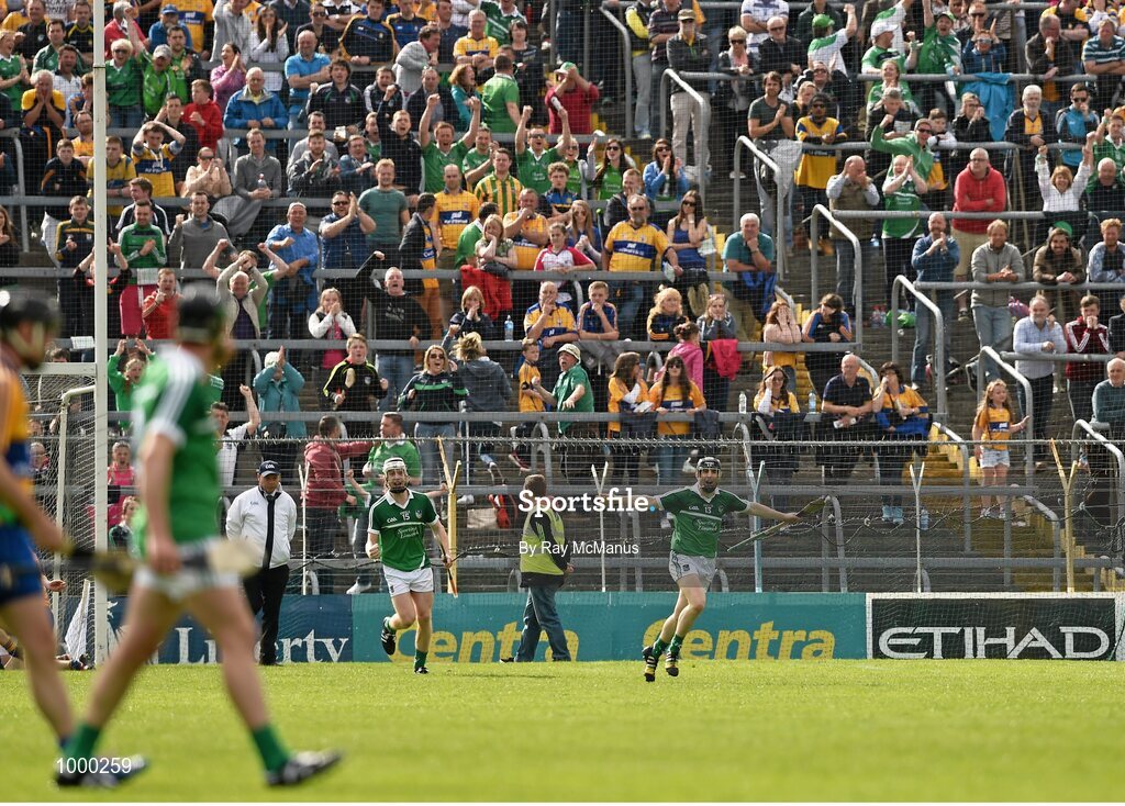 24 May 2015; Cian Lynch, left, celebrates after Graeme Mulcahy, right, scores a goal in the 52nd minute. Munster GAA Hurling Senior Championship Quarter-Final, Clare v Limerick. Semple Stadium, Thurles, Co. Tipperary. Picture credit: Ray McManus / SPORTSFILE