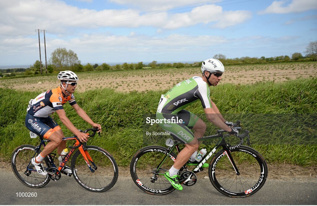 24 May 2015; Eventual stage winner Aidis Kruopis, An Post Chain Reaction, leading during Stage 8 of the 2015 An Post Rás, followed by eventual 2nd place Davide Vigano, Team IDEA 2010 ASD. Drogheda - Skerries. Photo by Sportsfile