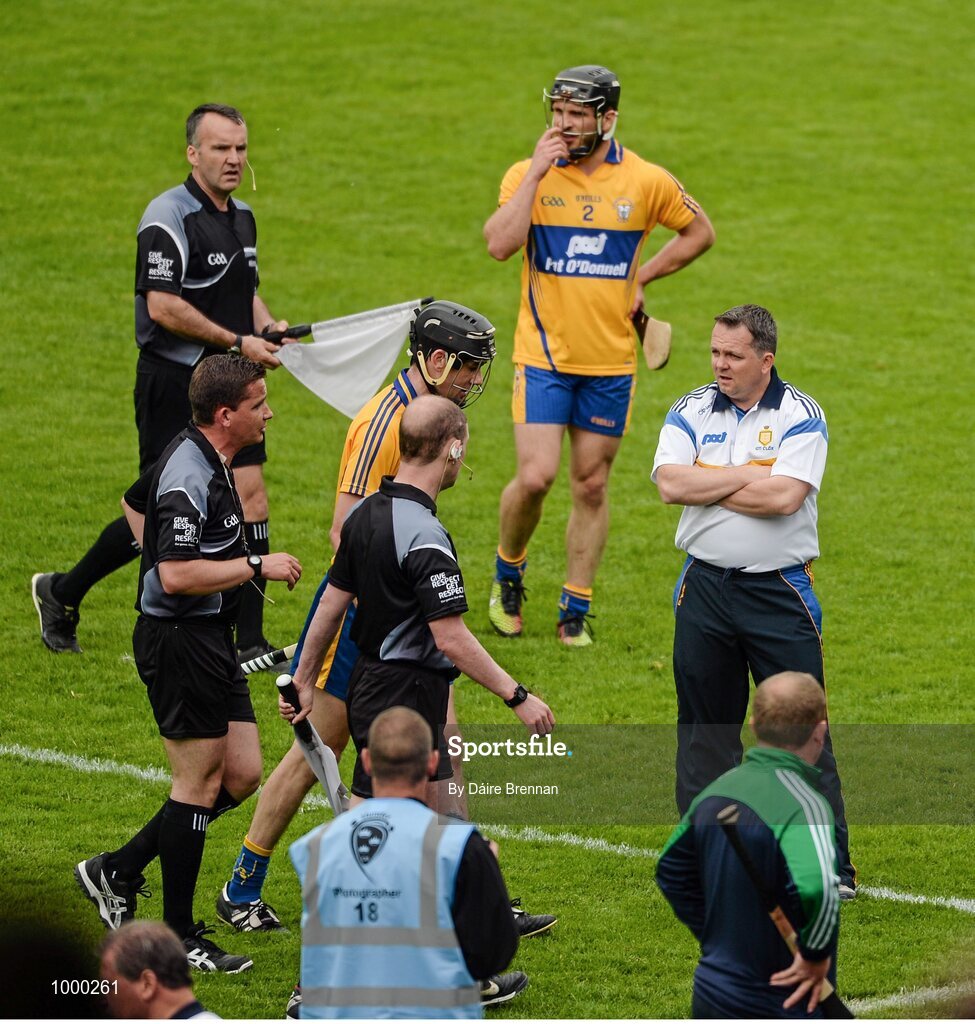 24 May 2015; Clare manager Davy Fitzgerald watches the officials and Clare's Patrick Donnellan leave the field at half time after the Clare player's sending off. Munster GAA Hurling Senior Championship Quarter-Final, Clare v Limerick. Semple Stadium, Thurles, Co. Tipperary. Picture credit: Dáire Brennan / SPORTSFILE