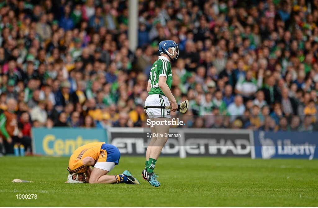 24 May 2015; Patrick O'Connell, Clare, lies on the ground after a scuffle with Sean Tobin, Limerick, which resulted in Tobin being sent off. Munster GAA Hurling Senior Championship Quarter-Final, Clare v Limerick. Semple Stadium, Thurles, Co. Tipperary. Picture credit: Dáire Brennan / SPORTSFILE