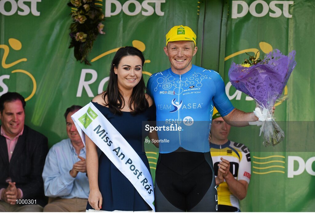 24 May 2015; Third across the line Damien Shaw, Team Asea, with Miss An Post Rás Aisling Halpin following Stage 8 of the 2015 An Post Rás. Drogheda - Skerries. Photo by Sportsfile