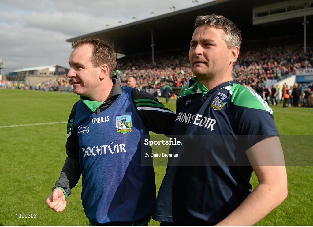 24 May 2015; Limerick manager TJ Ryan celebrates with team doctor Dr. James Ryan after the game. Munster GAA Hurling Senior Championship Quarter-Final, Clare v Limerick. Semple Stadium, Thurles, Co. Tipperary. Picture credit: Dáire Brennan / SPORTSFILE