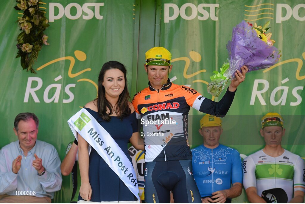 24 May 2015; Second across the line Davide Vigano, Team IDEA 2010 ASD, with Miss An Post Rás Aisling Halpin following Stage 8 of the 2015 An Post Rás. Drogheda - Skerries. Photo by Sportsfile