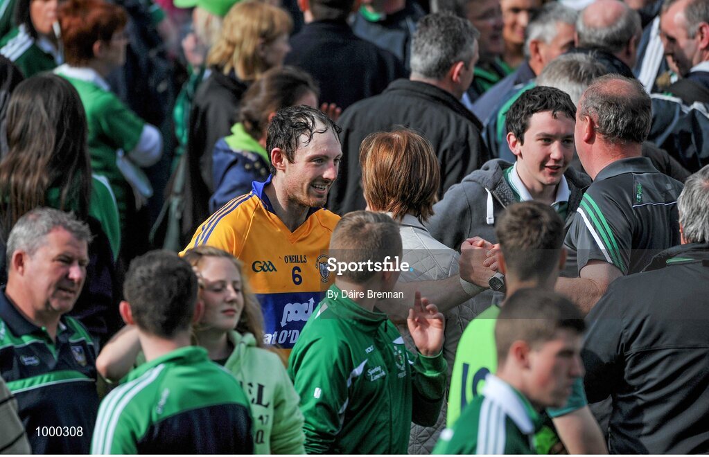 24 May 2015; Limerick's Paudie O'Brien, in a Clare jersey, celebrates with supporters after the game. Munster GAA Hurling Senior Championship Quarter-Final, Clare v Limerick. Semple Stadium, Thurles, Co. Tipperary. Picture credit: Dáire Brennan / SPORTSFILE
