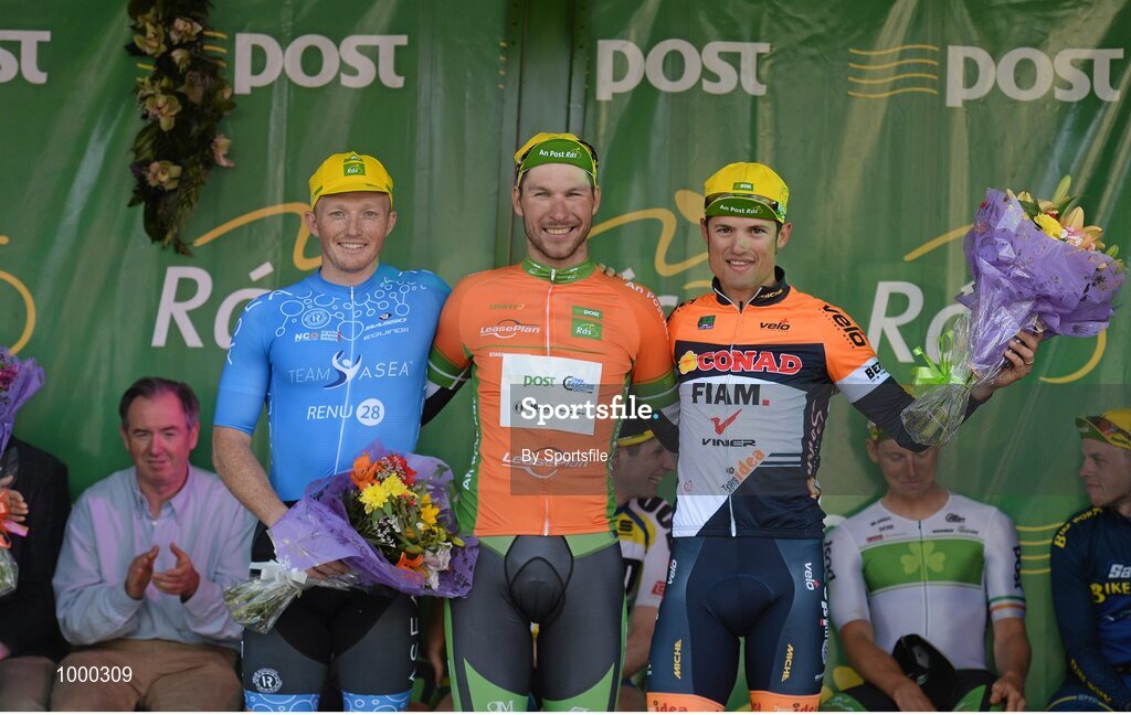 24 May 2015; Stage winner Aidis Kruopis, An Post Chain Reaction, alongside third placed Damien Shaw, left, Team Asea, and second placed Davide Vigano, Team IDEA 2010 ASD, following Stage 8 of the 2015 An Post Rás. Drogheda - Skerries. Photo by Sportsfile