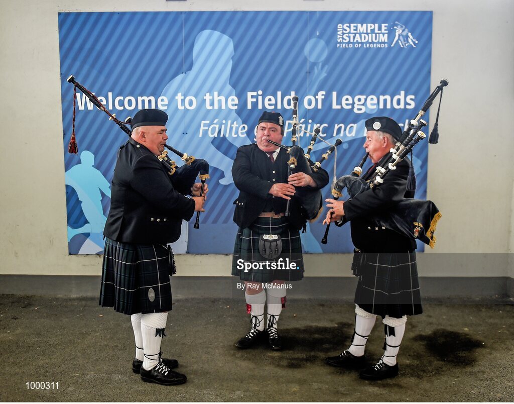 24 May 2015; Three members of the Sean Treacy Pipe Band, Andy Cooney, left, Philip Dolan and Ger Nevin, warm up under the stand before the game. Munster GAA Hurling Senior Championship Quarter-Final, Clare v Limerick. Semple Stadium, Thurles, Co. Tipperary. Picture credit: Ray McManus / SPORTSFILE