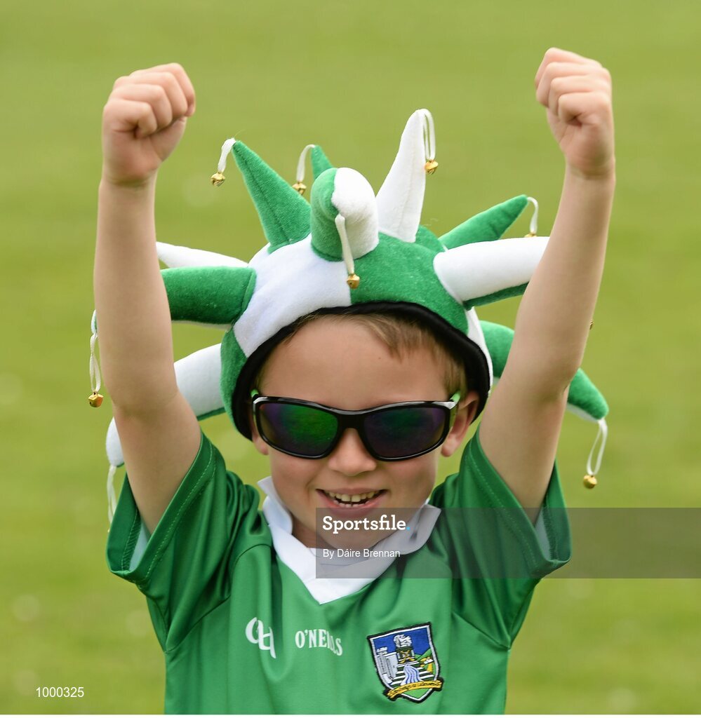 24 May 2015; Limerick supporter Sam Gallahue, aged 6, from Ballylanders, Co. Limerick. Munster GAA Hurling Senior Championship Quarter-Final, Clare v Limerick. Semple Stadium, Thurles, Co. Tipperary. Picture credit: Dáire Brennan / SPORTSFILE