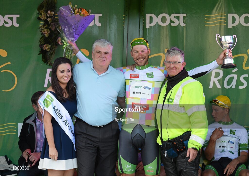 24 May 2015; Aidis Kruopis, An Post Chain Reaction, after receiving the One4All Bikes4Work King of the Mountains Jersey Classification and the Brendan Carroll trophy, from Miss An Post Rás Aisling Halpin, Jack Jordan, Group Sales Director, One4All, and Pat O'Shaughnessy, right following Stage 8 of the 2015 An Post Rás. Drogheda - Skerries. Photo by Sportsfile