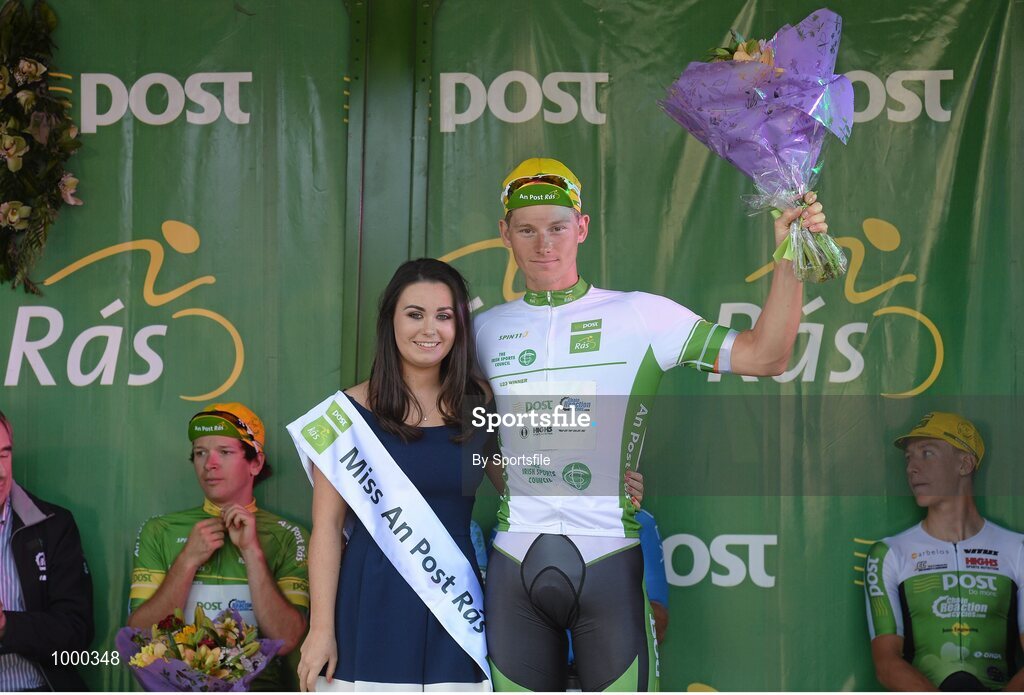 24 May 2015; Third place overall Ryan Mullen, An Post Chain Reaction, with Miss An Post Rás Aisling Halpin following Stage 8 of the 2015 An Post Rás. Drogheda - Skerries. Photo by Sportsfile